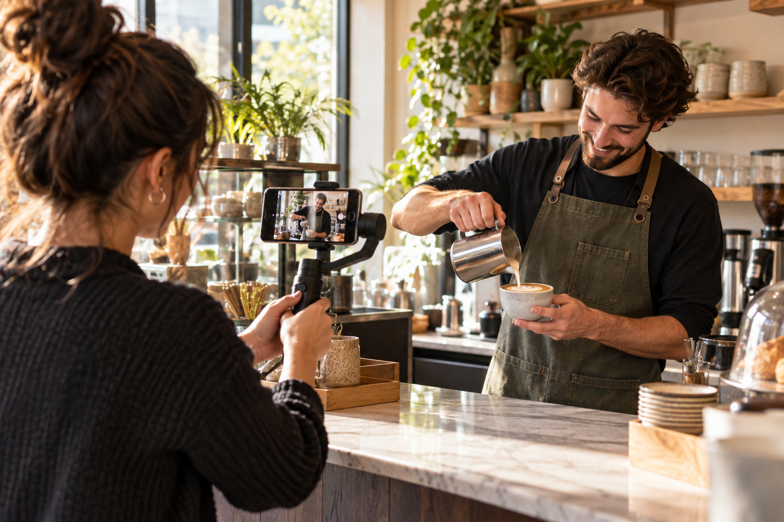 Creator filming content for an independent café